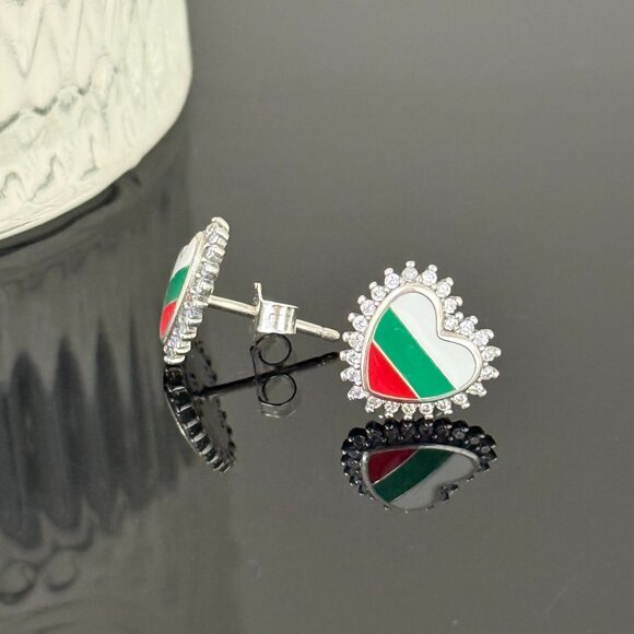 Bulgaria Flag Earrings Heart bling S925 Sterling Silver Handmade Ear Stud - Picture 2 of 4